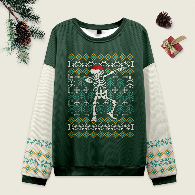 Vintage Dancing Skeleton Christmas Green Ugly Sweater