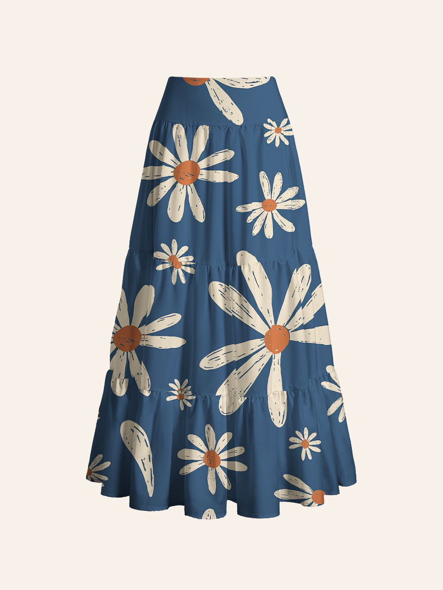 Boho Hand-Drawn Daisy Cake-tier Midi Skirt