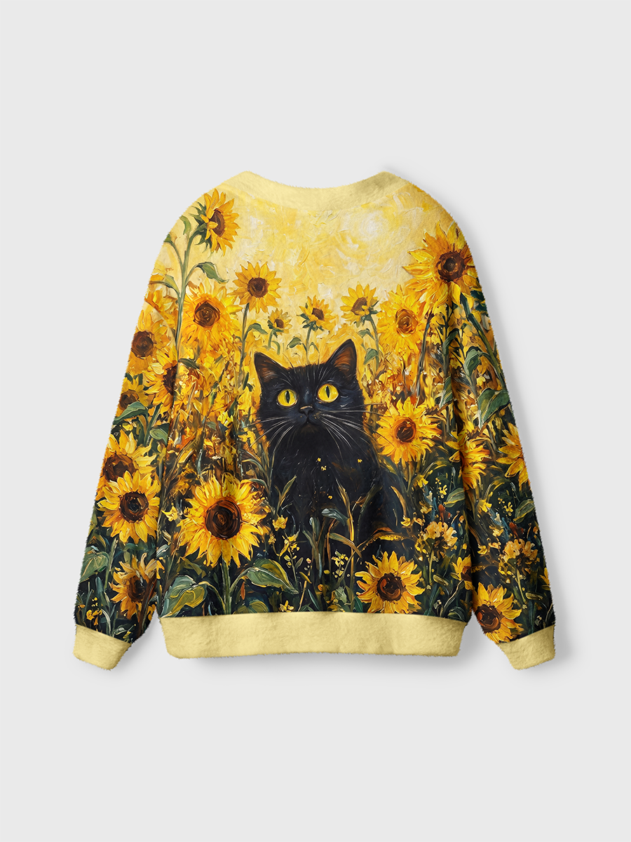 Vintage Black Cat In Sunflower Field Cardigan Sweaters