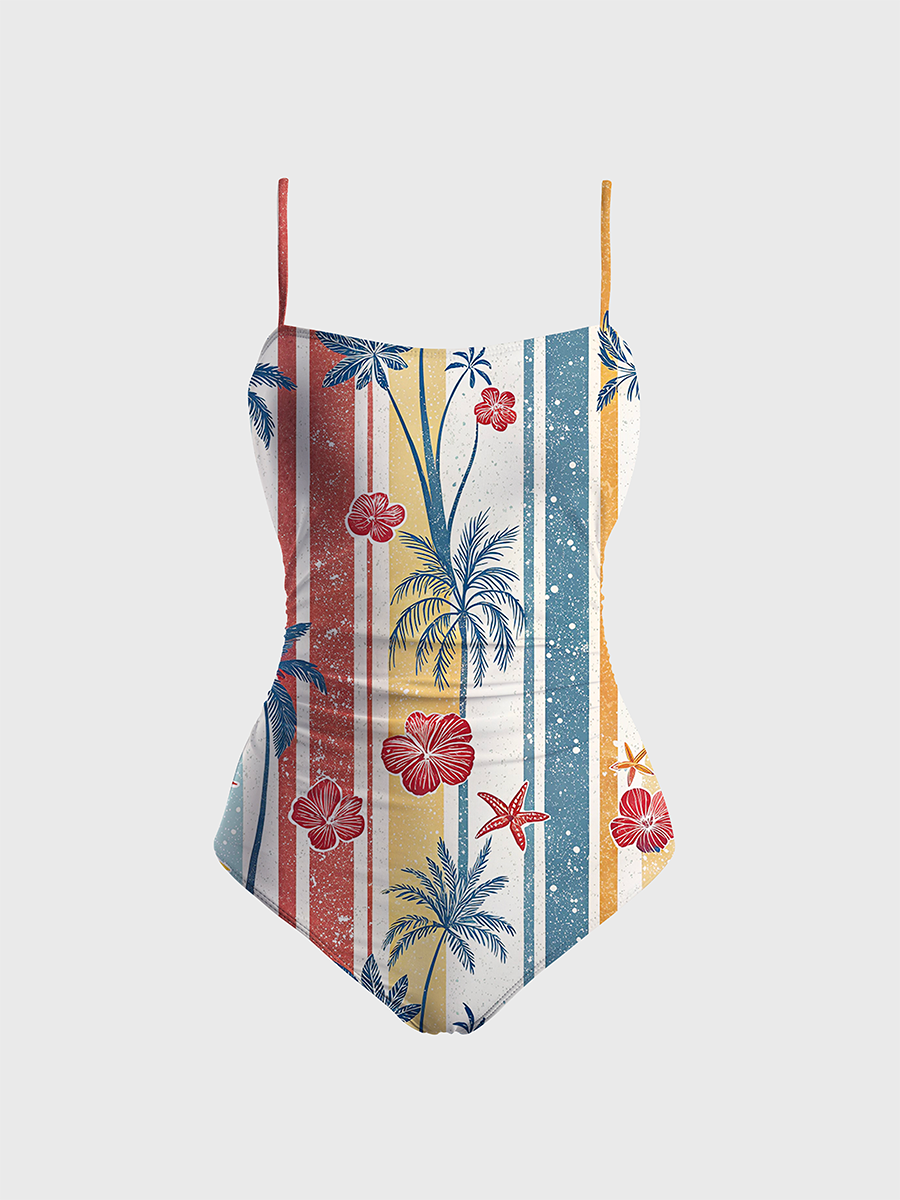 Vintage Palm Tree & Hibiscus Flower One Piece Slim-Strap Swimsuit