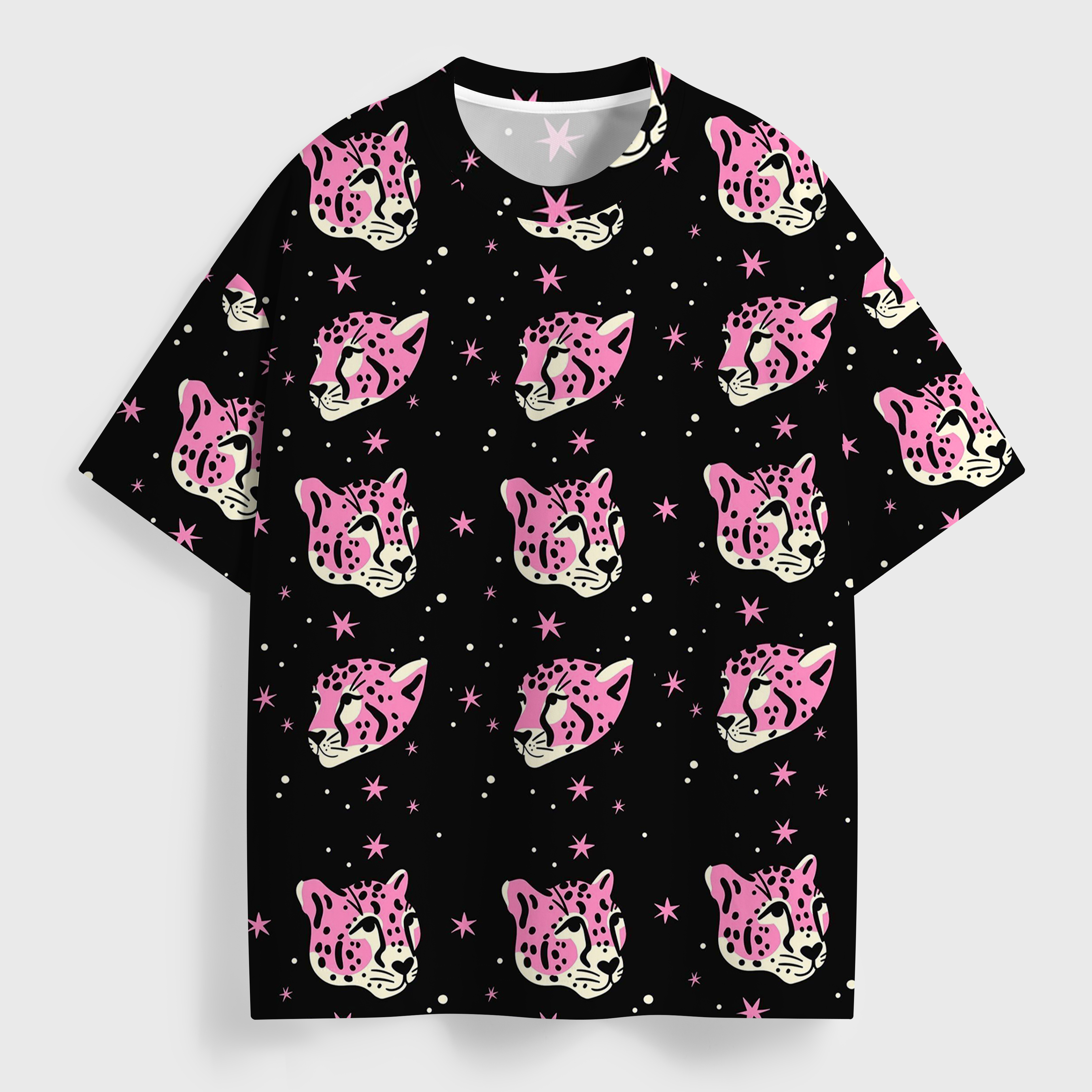 Vintage Pink Leopard Starry Night All Over Print T-Shirt