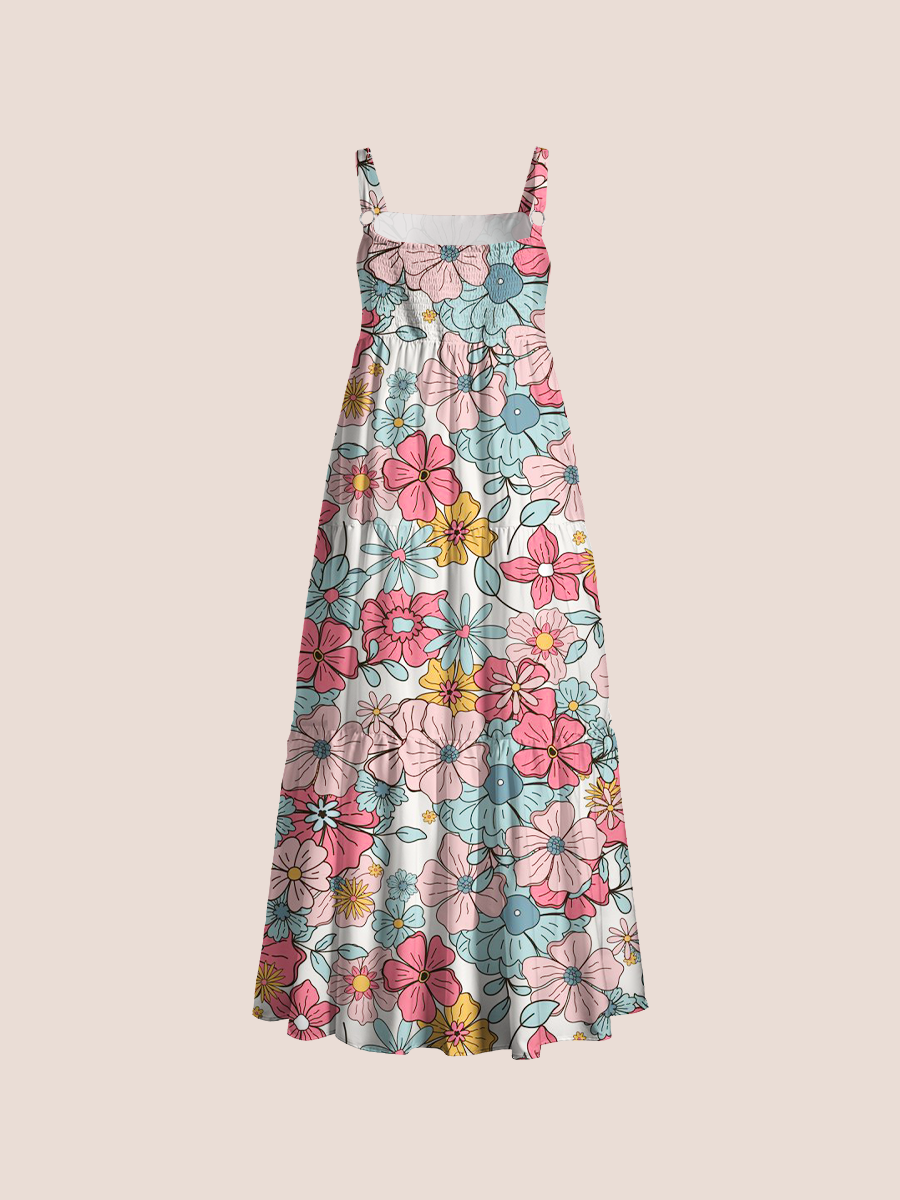 Soft Bohemian Ditsy Floral Adjustable Wide Straps Maxi Dress