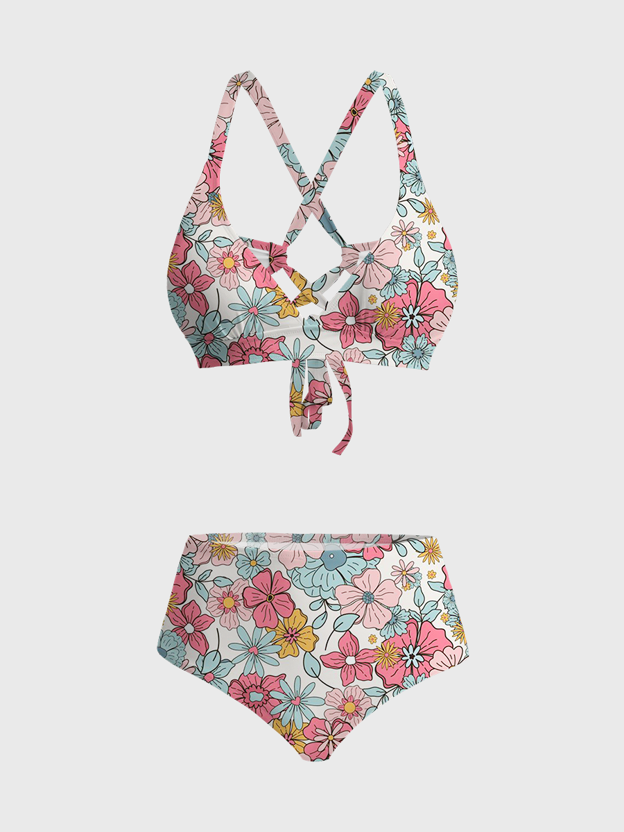 Vintage Soft Bohemian Ditsy Floral Two Piece Ruffled Tankini Swimsuit