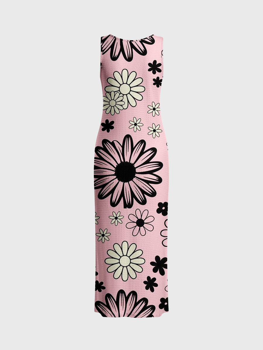 Whimsical Pop Art Flower Open Stitch Midi Dress