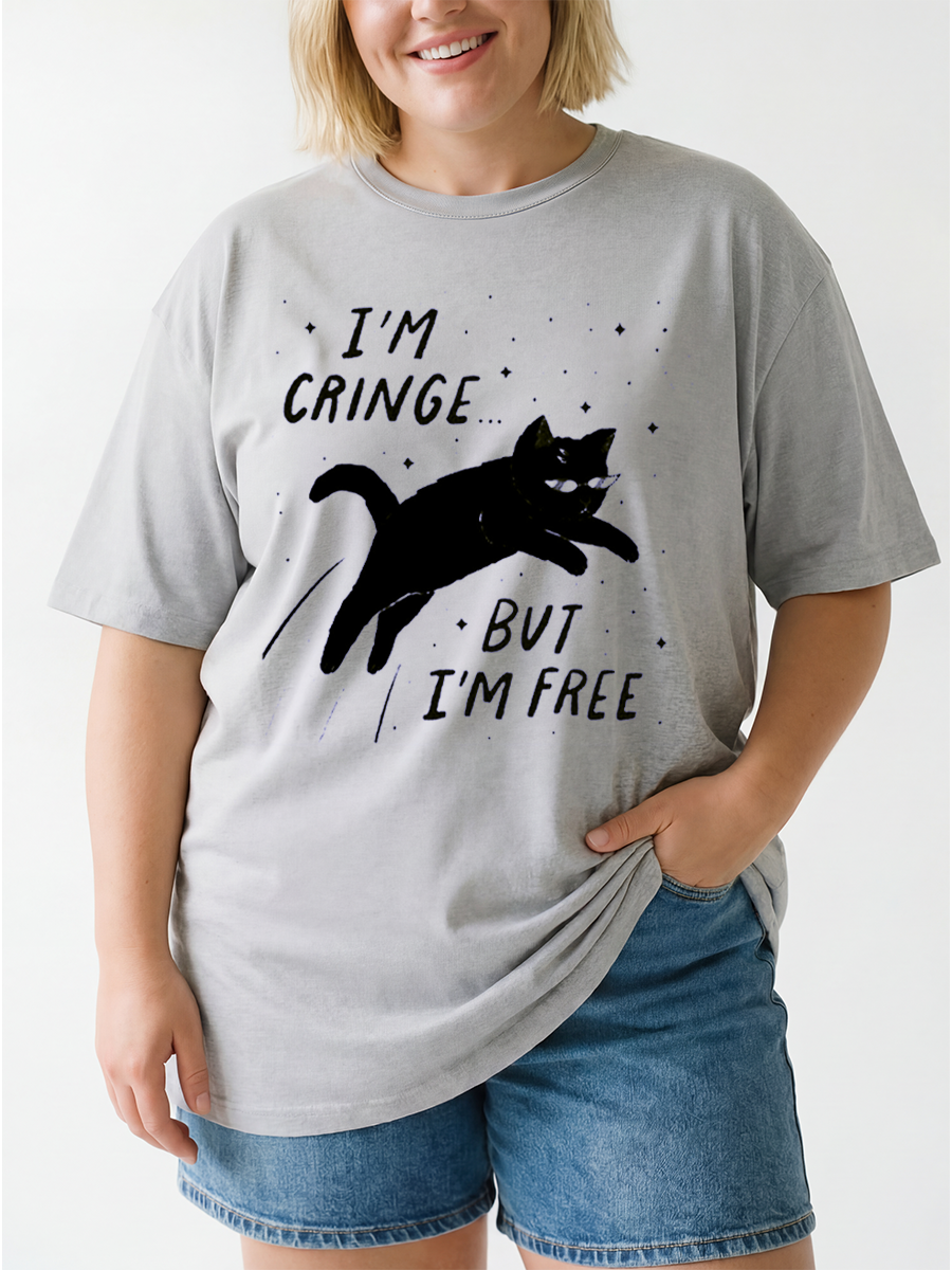 Vintage I’M Cringe… But I’M Free. Cat Oversize Graphic Tee