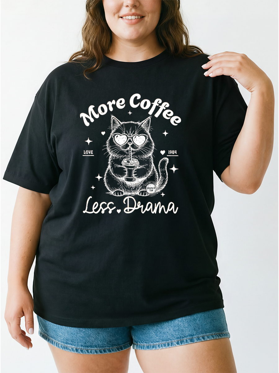 Vintage More Coffee Less Drama / Love 1984 Cat Oversize Graphic Tee