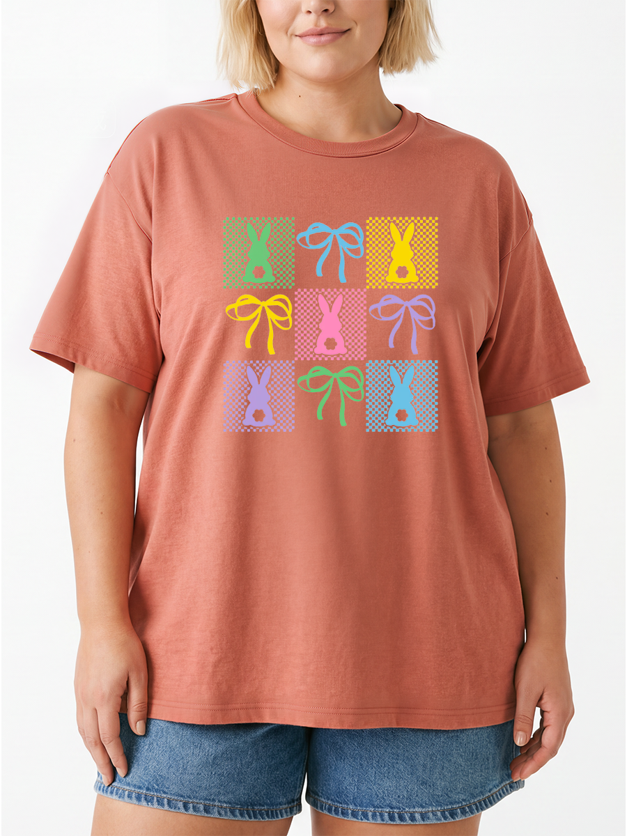 Vintage Retro Checkered Easter Bunny Oversize Graphic Tee