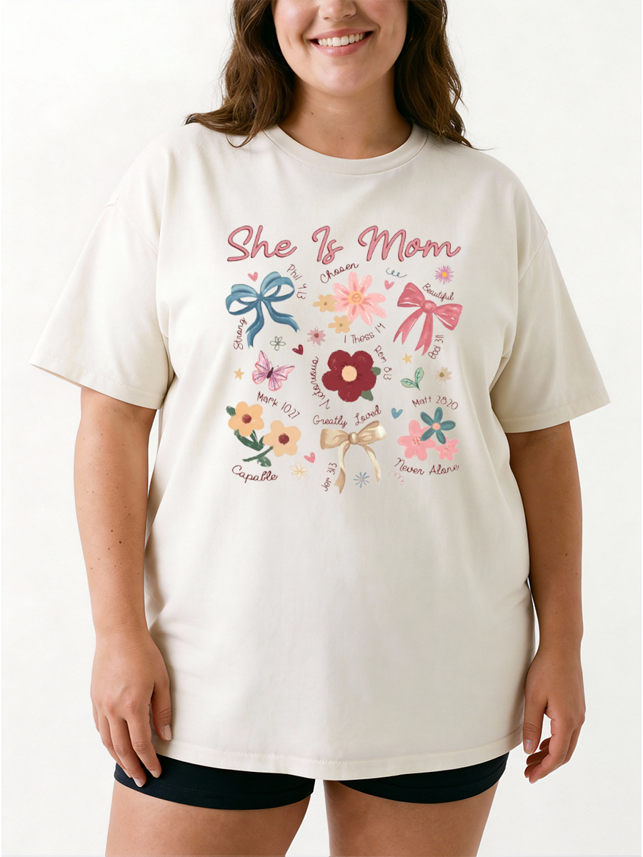Vintage She Is Mom Bows And Flowers Oversize Graphic Tee