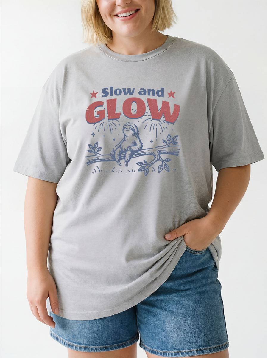 Vintage Slow And Glow Funny Sloth Oversize Graphic Tee