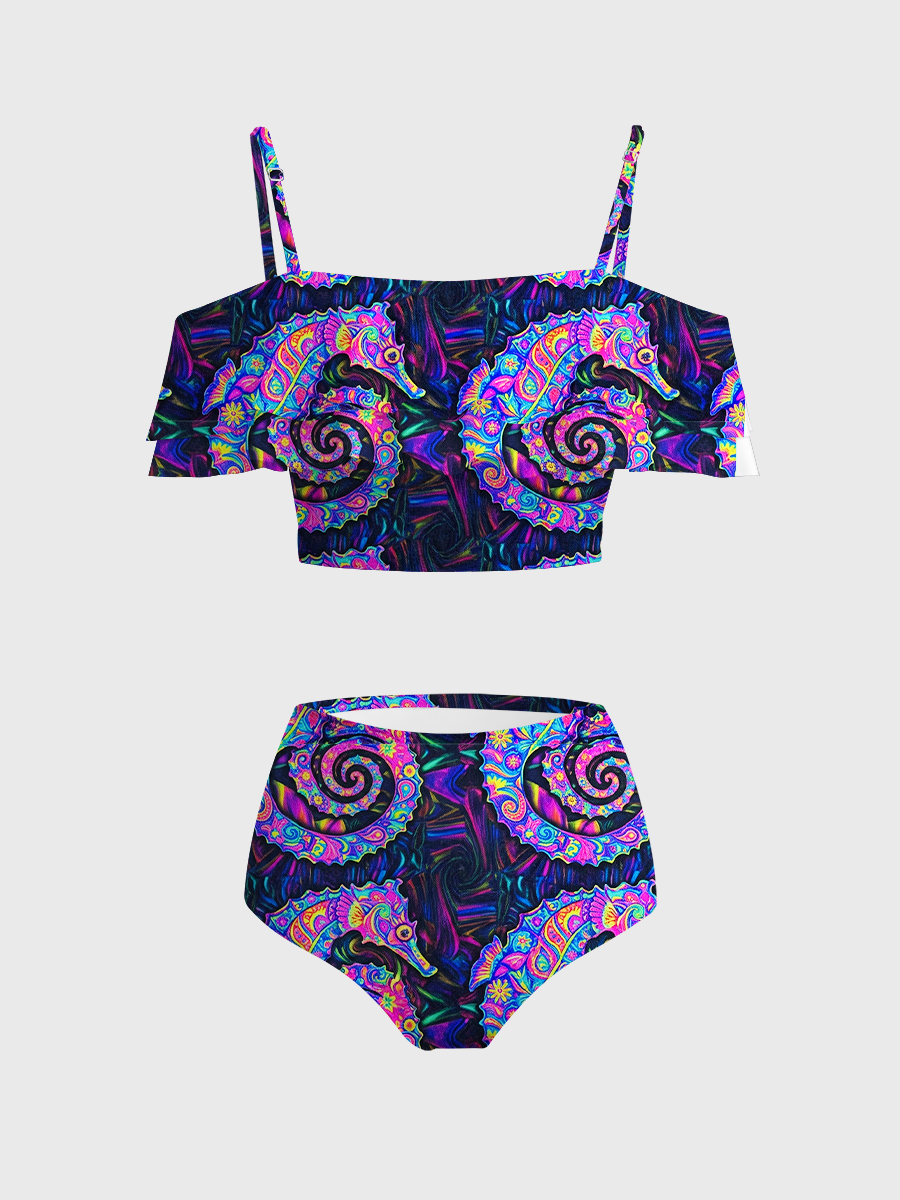 Vintage Psychedelic Spiral Seahorse Two Piece Ruffled Tankini Swimsuit