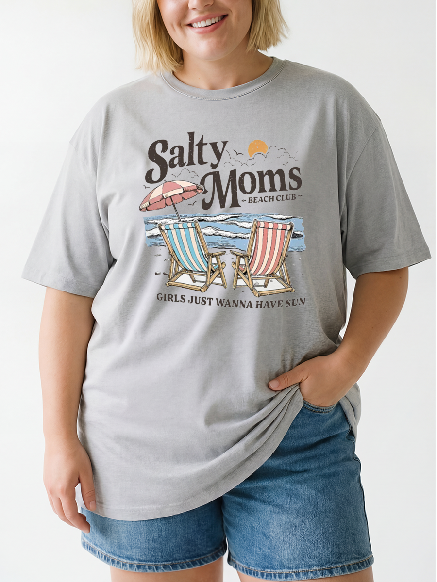 Vintage Salty Moms Beach Club Girls Just Wanna Have Sun Oversize Graphic Tee