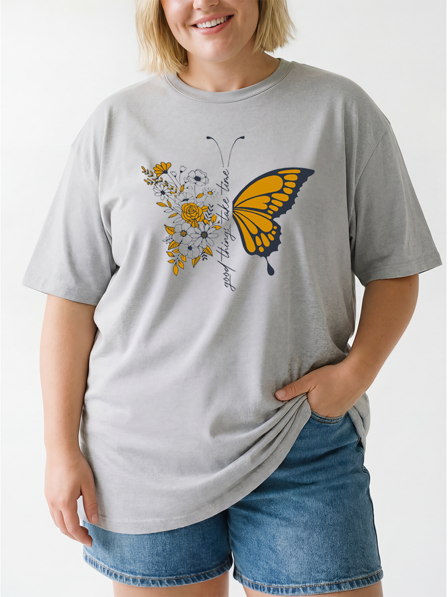 Vintage Good Things Take Time Butterfly Flower Bouquet Oversize Graphic Tee