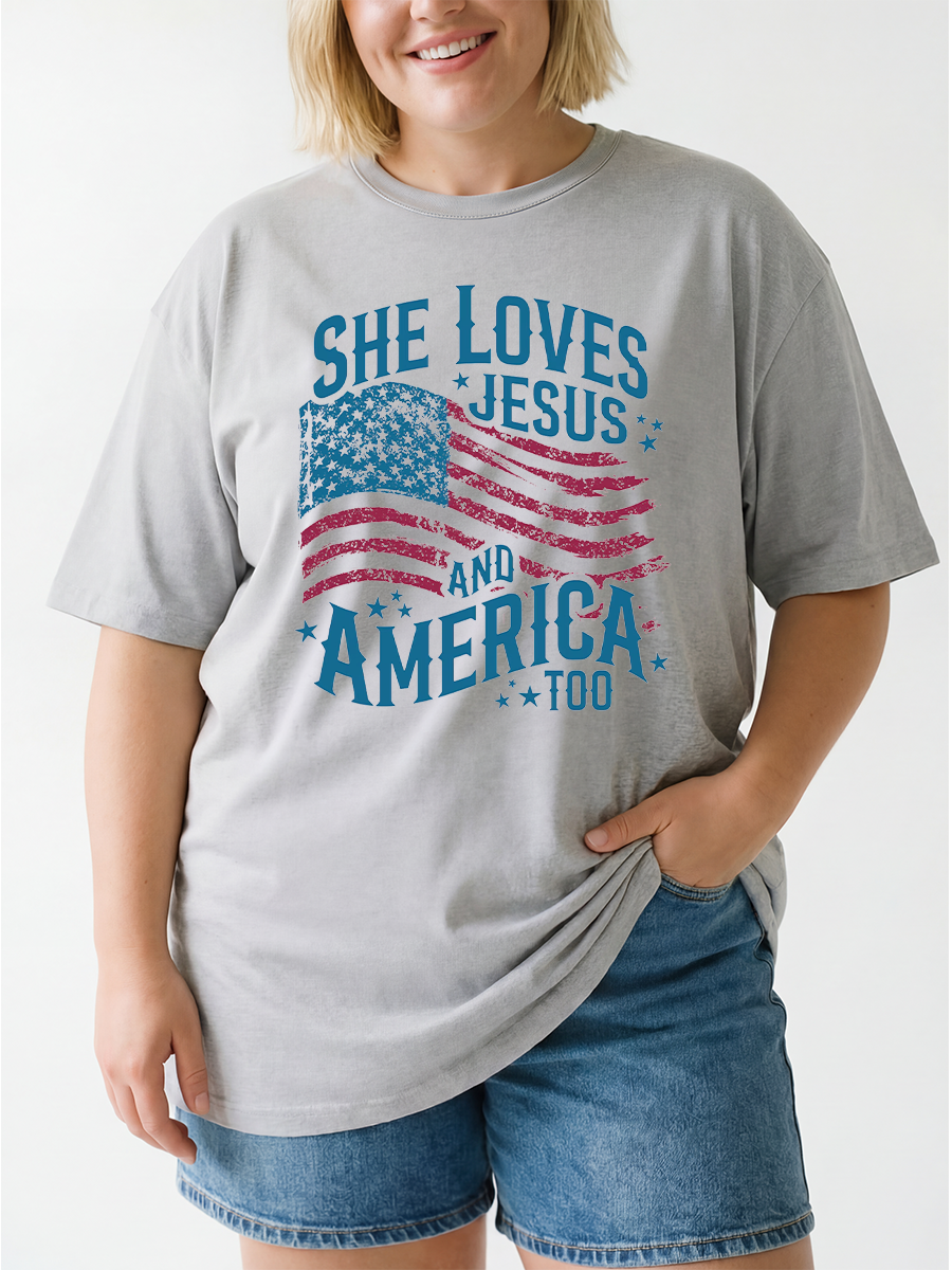 Vintage She Loves Jesus And America Too Patriotic Oversize Graphic Tee