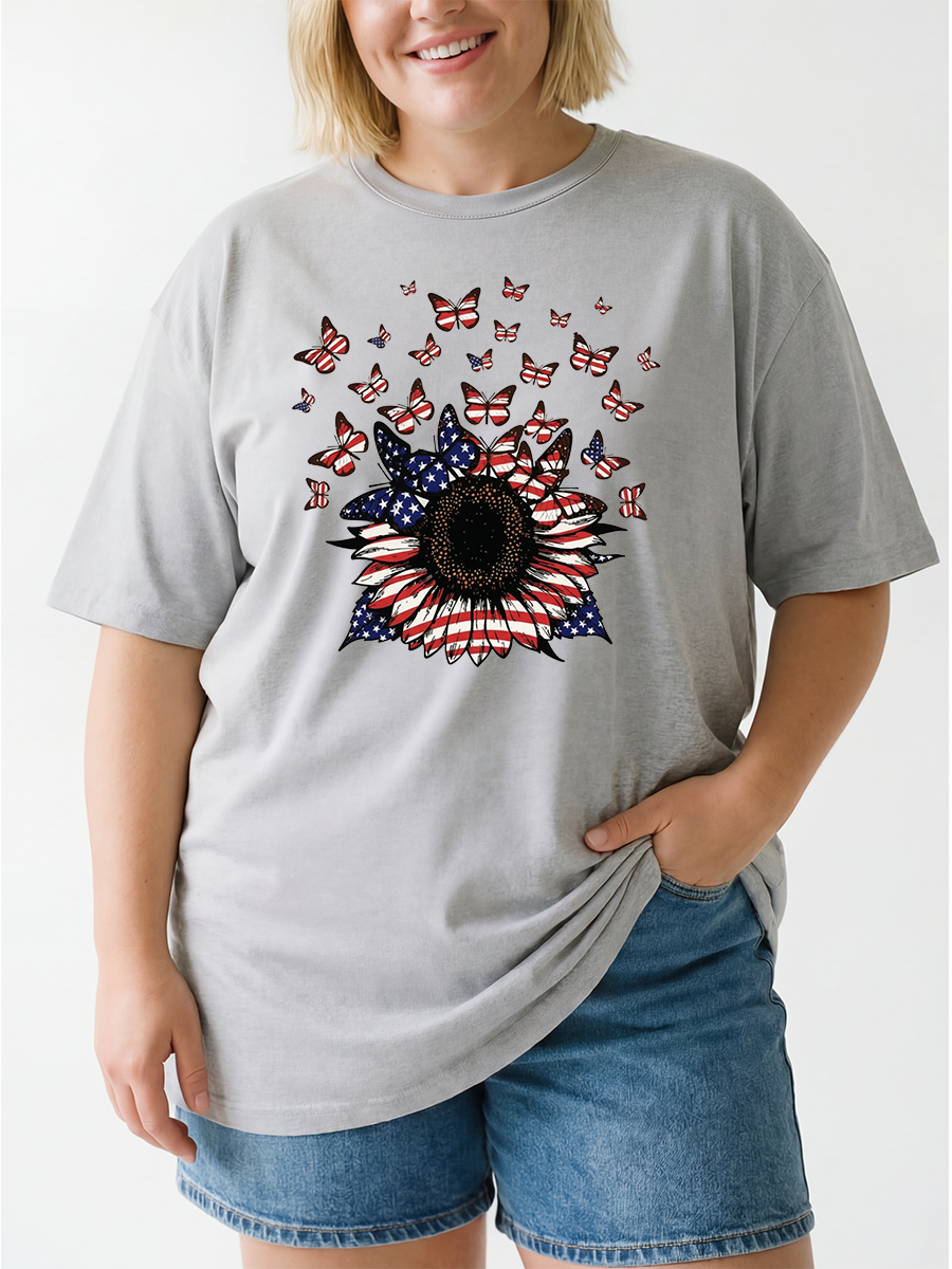 Vintage  Patriotic Sunflower Butterfly Oversize Graphic Tee