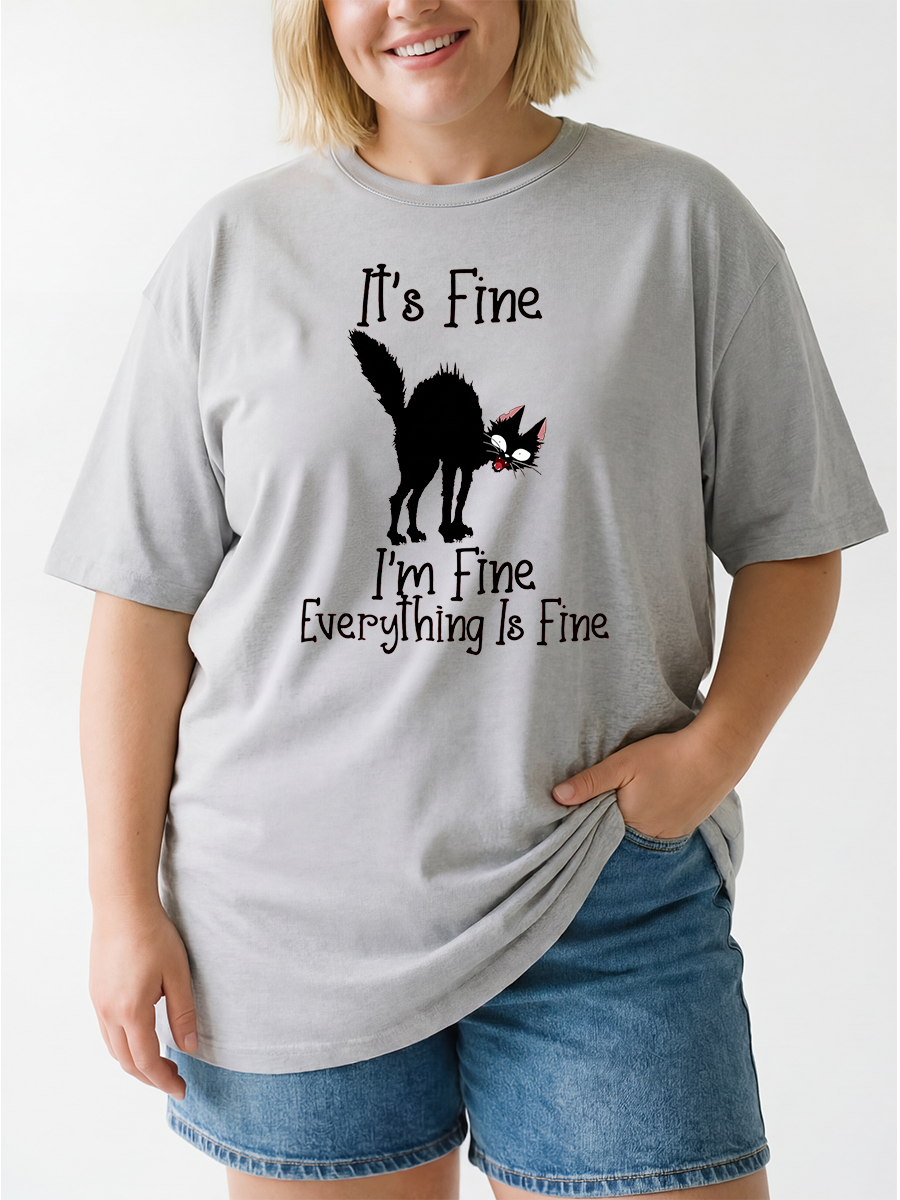 Vintage Everything Is Fine Funny Cat Oversize Graphic Tee