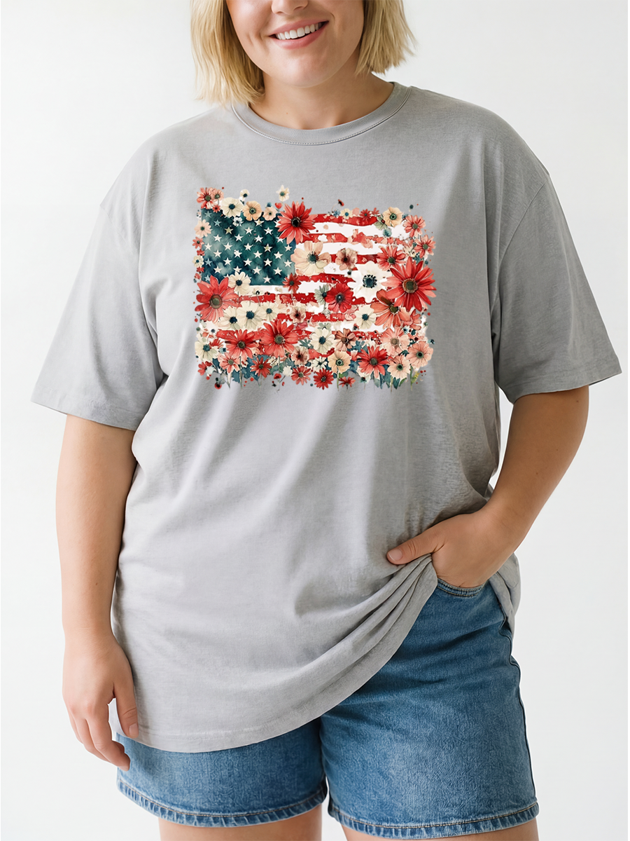 Vintage 250 Years Of Freedom Floral American Flag Oversize Graphic Tee