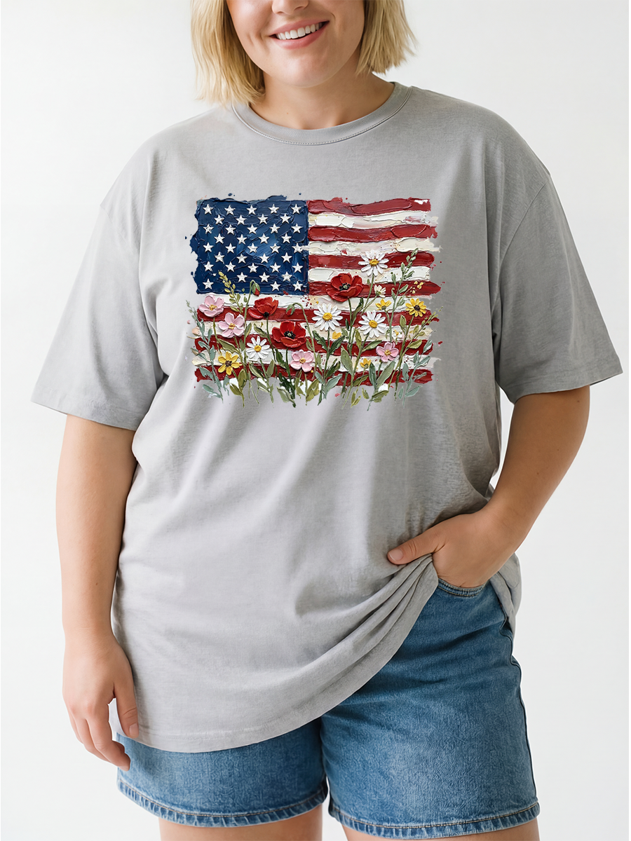 Vintage Patriotic Wildflower American Flag Oversize Graphic Tee