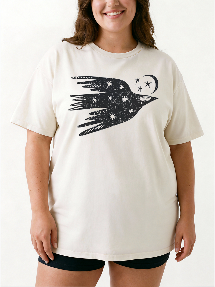 Vintage Flying Bird Night Sky Moon Stars Oversize Graphic Tee
