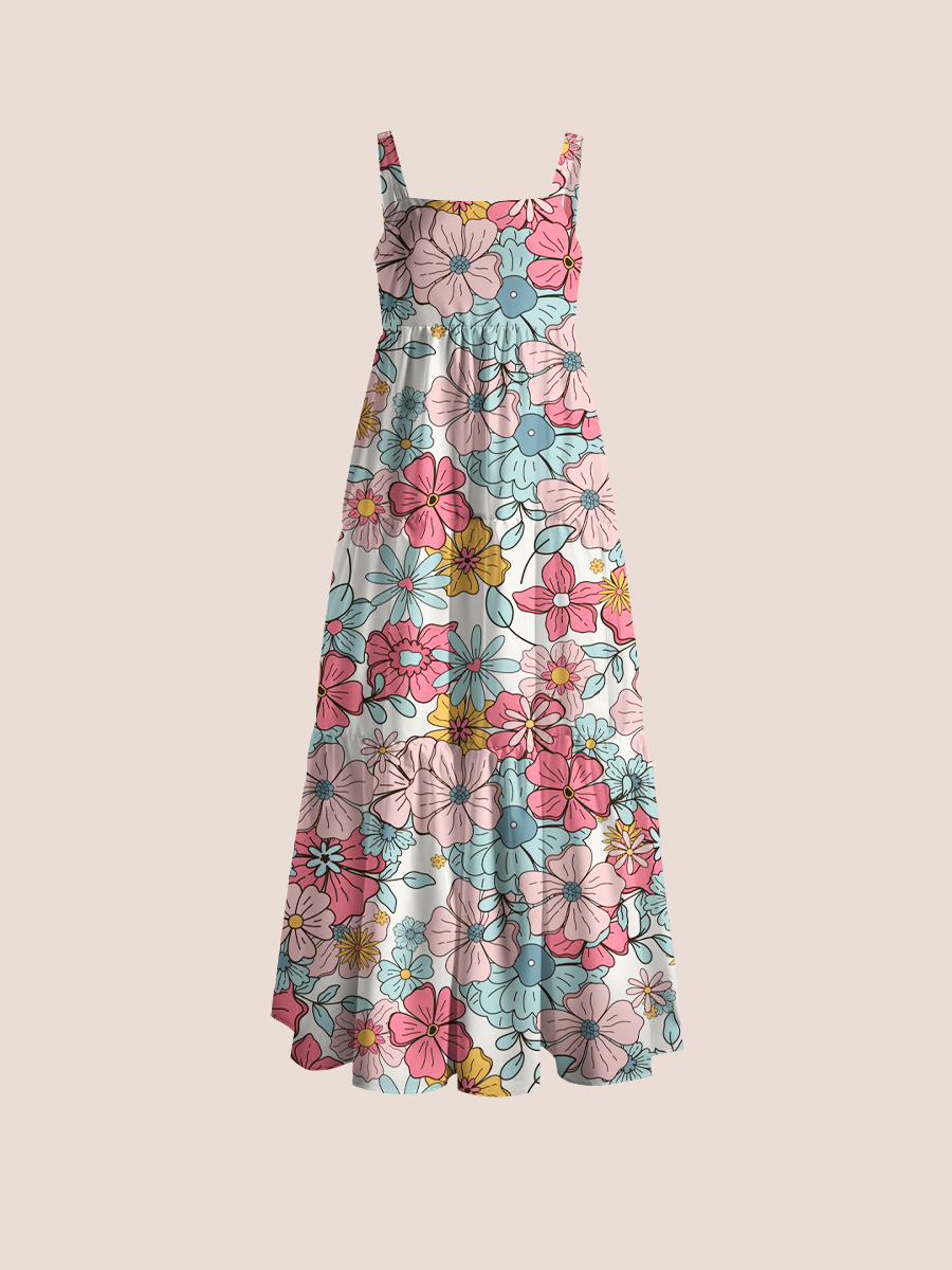 Soft Bohemian Ditsy Floral Adjustable Wide Straps Maxi Dress