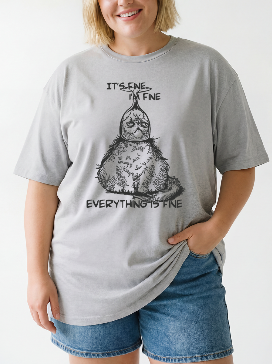 Vintage Everything Is Fine Funny Cat Oversize Graphic Tee
