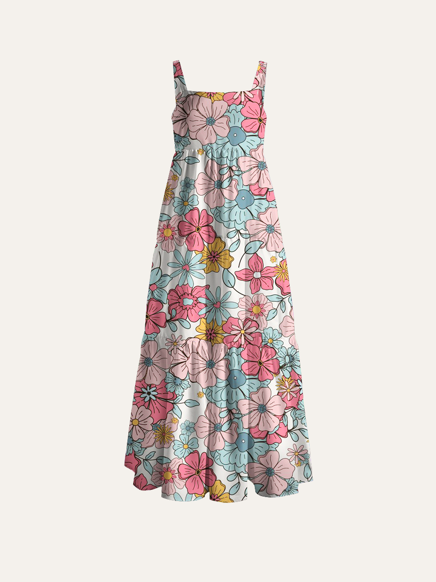 Soft Bohemian Ditsy Floral Adjustable Wide Straps Maxi Dress