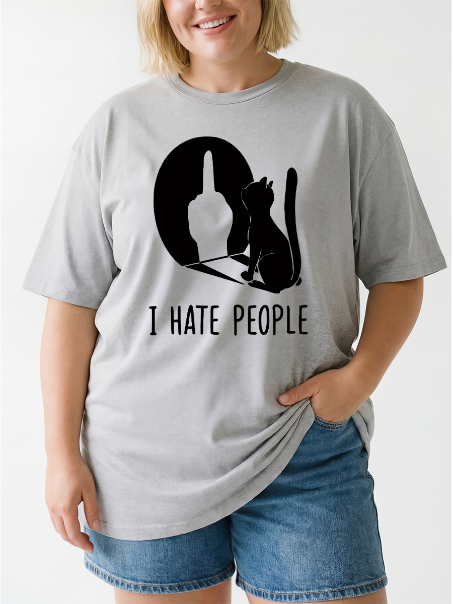 Vintage I Hate People Funny Cat Oversize Graphic Tee