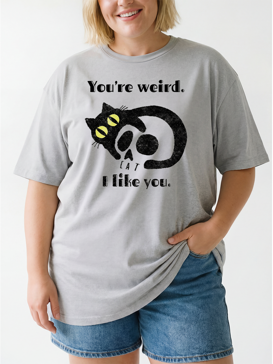 Vintage You'Re Weird I Like You Funny Skelon Cat Oversize Graphic Tee