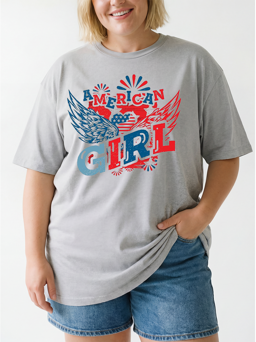 Vintage America Girl With Fireworks Oversize Graphic Tee