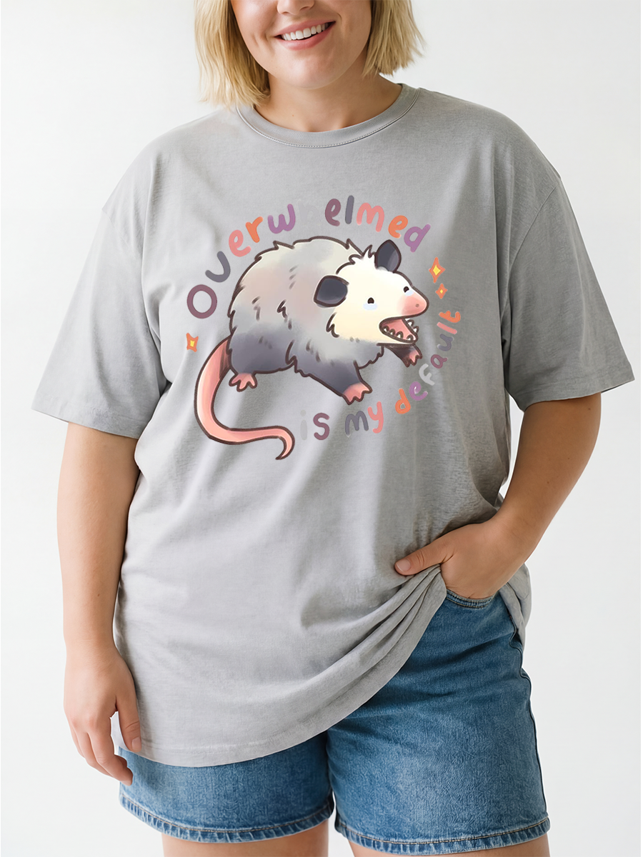 Vintage Overwhelmed Is My Default Funny Possum Oversize Graphic Tee
