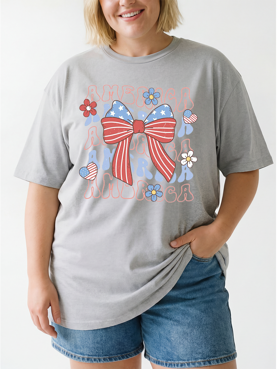 Vintage Red White And   Blue America Bow Oversize Graphic Tee