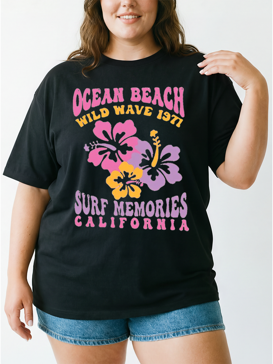 Vintage Ocean Beach Wild Wave Oversize Graphic Tee