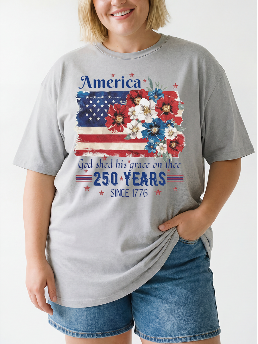Vintage America 250 Years Flag Floral Oversize Graphic Tee