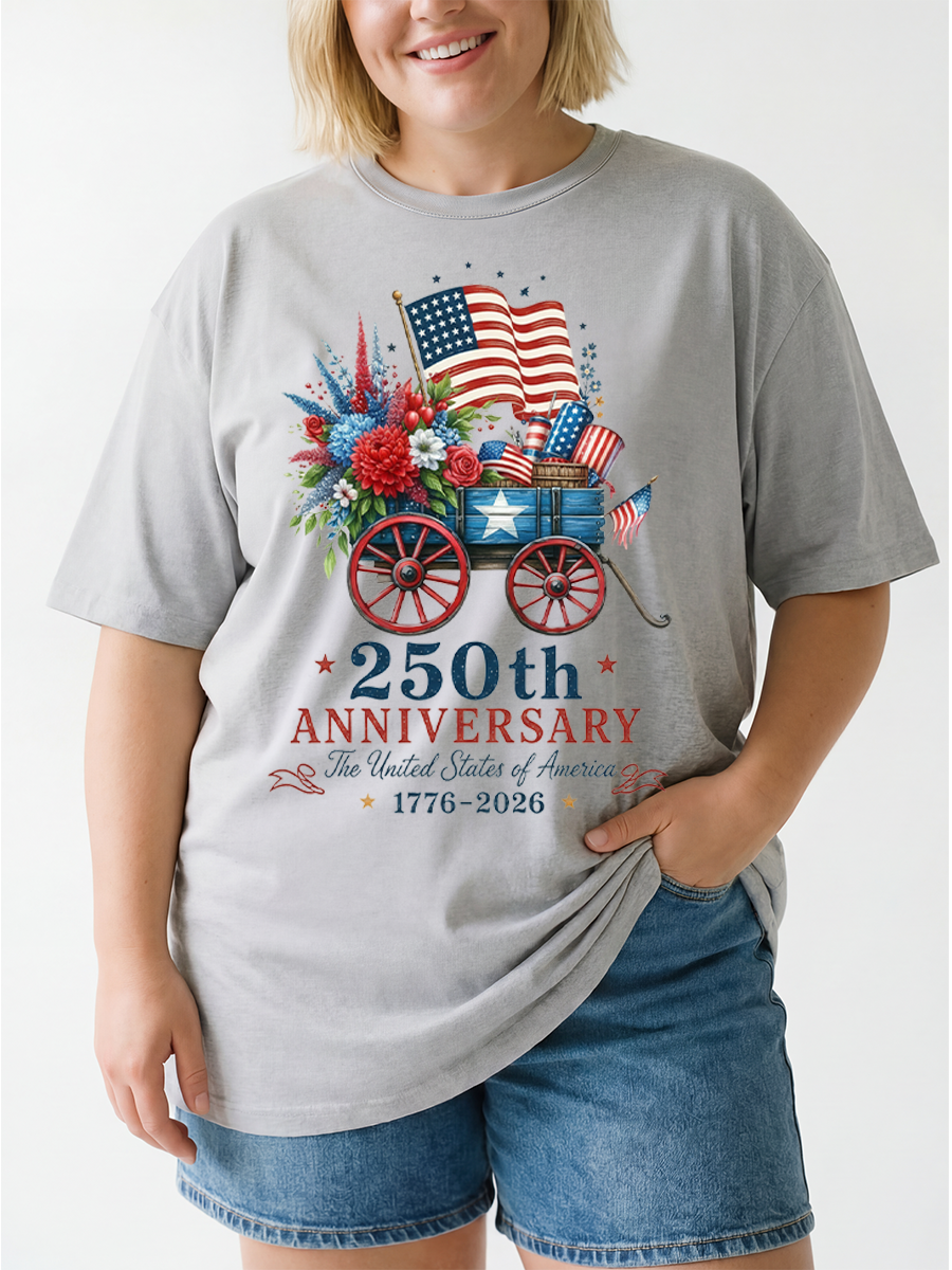 Vintage Red White And Blue Flower Cart Anniversary Oversize Graphic Tee
