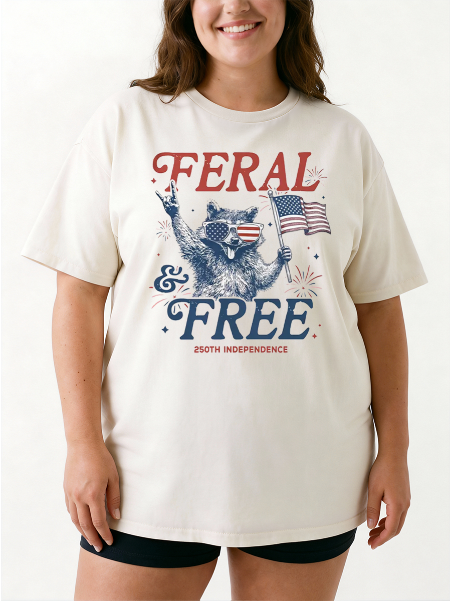 Vintage Feral & Free Funny Raccoon 4Th Of July Oversize Graphic Tee