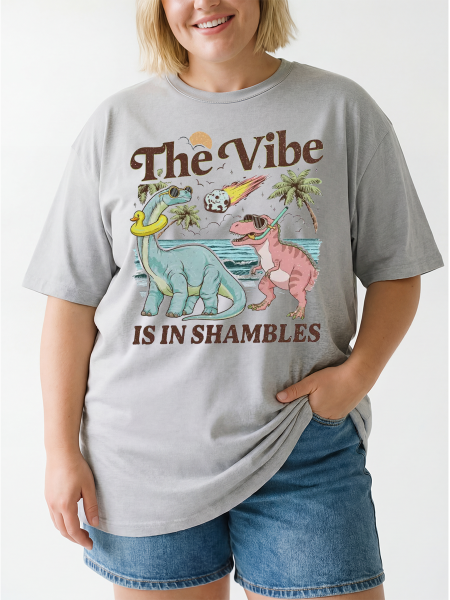 Vintage The Vibe Is In Shambles Funny Dinosaur Oversize Graphic Tee