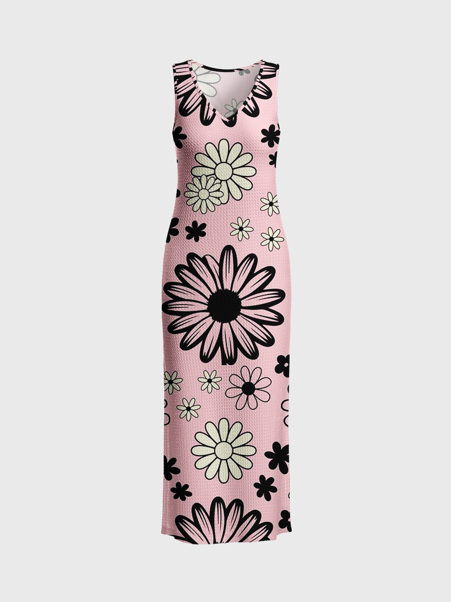 Whimsical Pop Art Flower Open Stitch Midi Dress