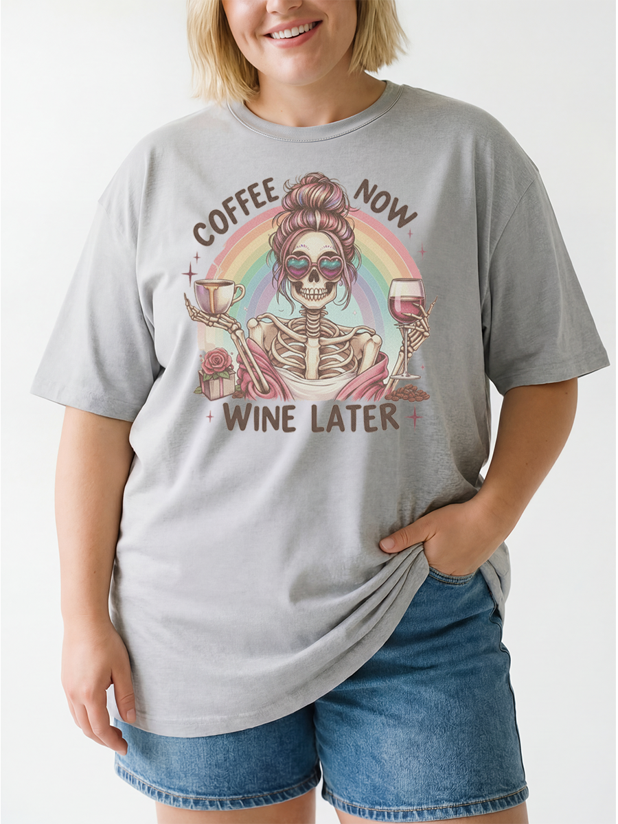 Vintage Funny Back To School Mom Coffee Now Wine Later Oversize Graphic Tee