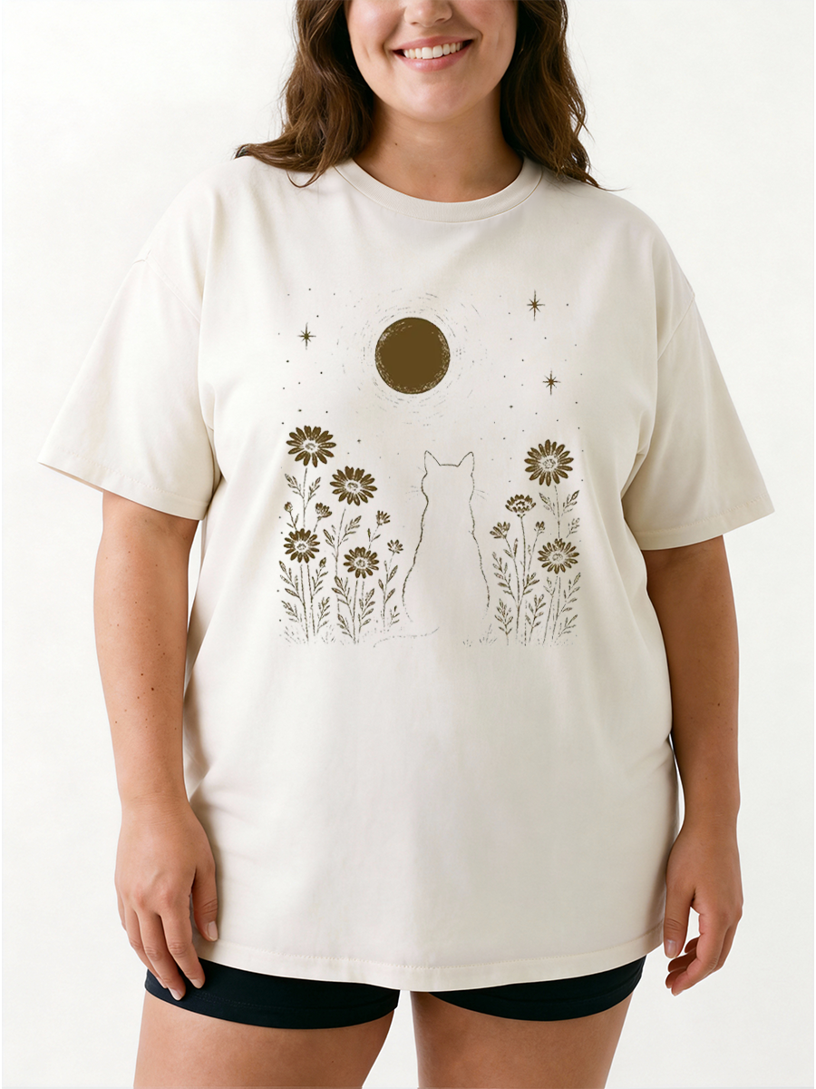 Vintage Cat And Moon Oversize Graphic Tee
