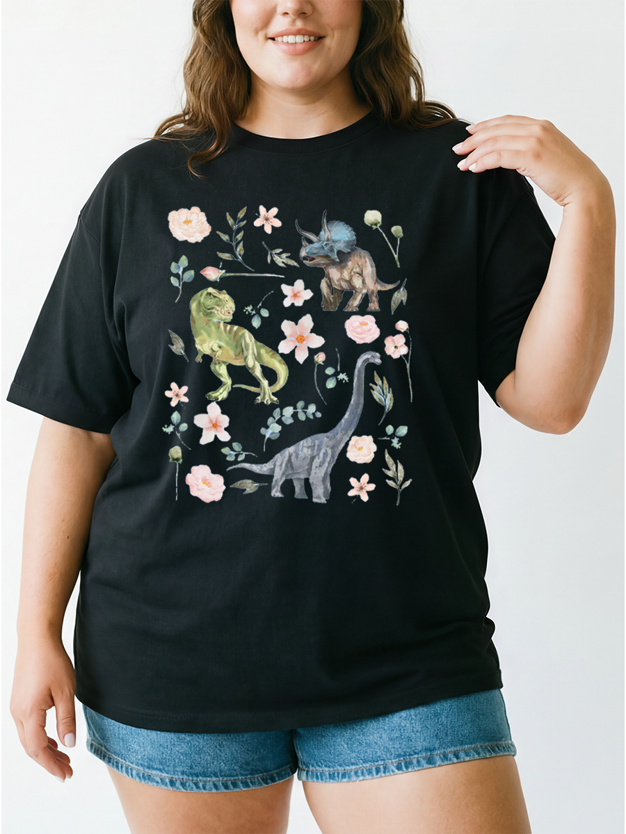 Vintage Botanical Floral Dinosaur Oversize Graphic Tee