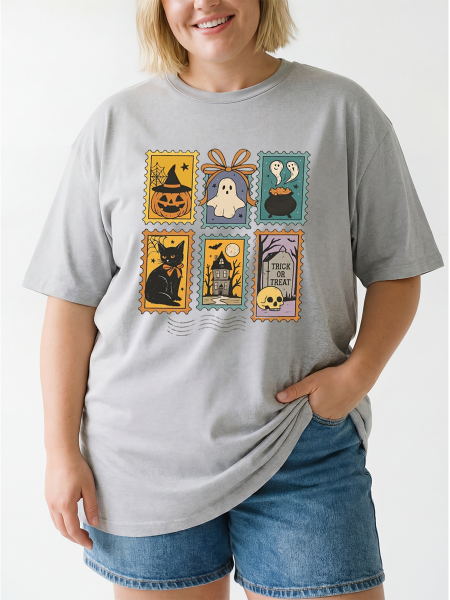 Vintage Halloween Cute Ghost Pumpkin Cat Oversize Graphic Tee