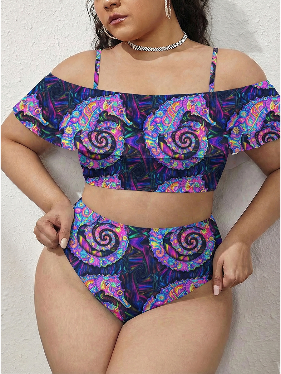 Vintage Psychedelic Spiral Seahorse Two Piece Ruffled Tankini Swimsuit