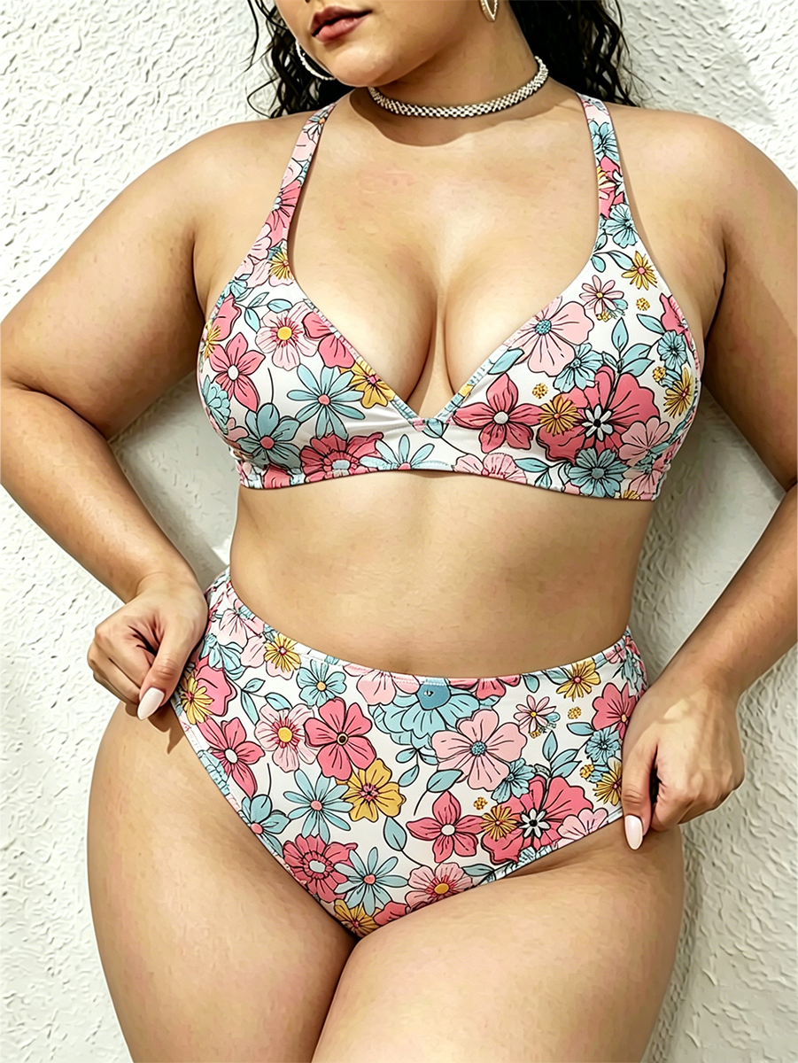 Vintage Soft Bohemian Ditsy Floral Two Piece Ruffled Tankini Swimsuit