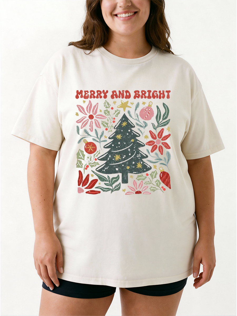 Vintage Boho Merry And Bright Oversize Graphic Tee