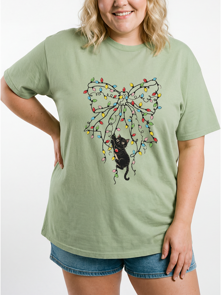 Vintage Christmas Coquette Bow And Cat Oversize Graphic Tee