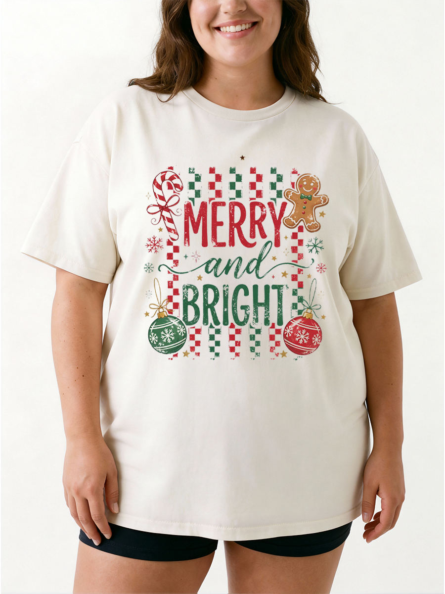 Vintage Striped Merry And Bright Oversize Graphic Tee