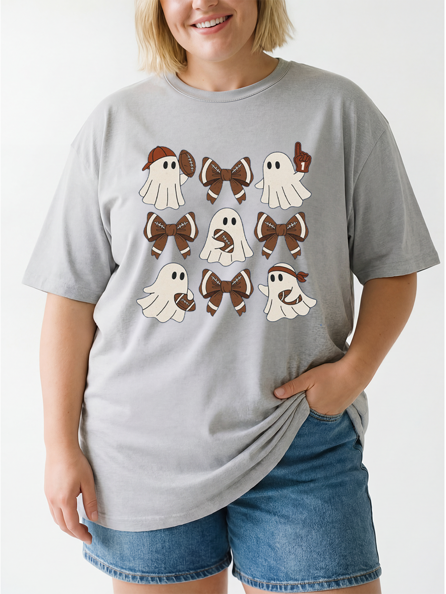 Vintage Funny Halloween Football Ghost  Oversize Graphic Tee