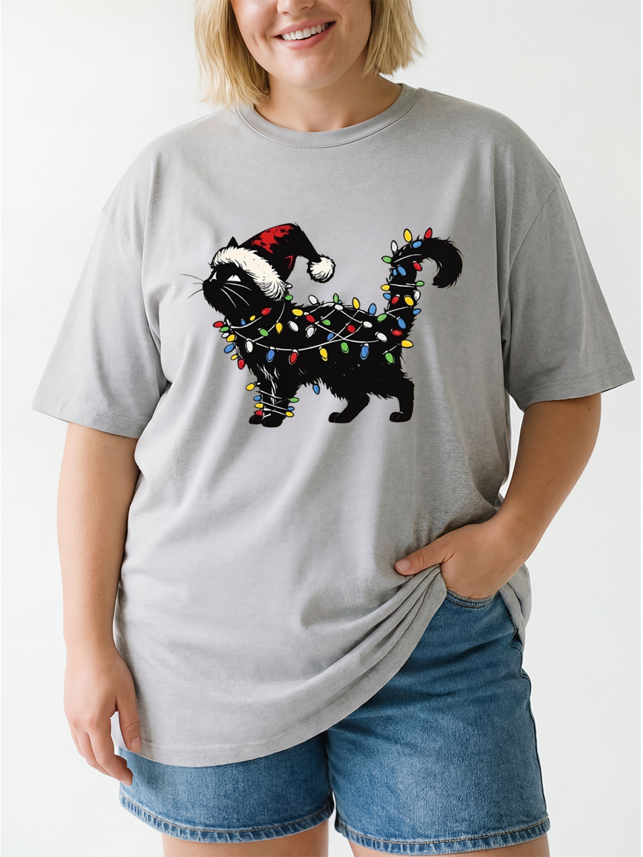 Vintage Christmas Black Cat Oversize Graphic Tee