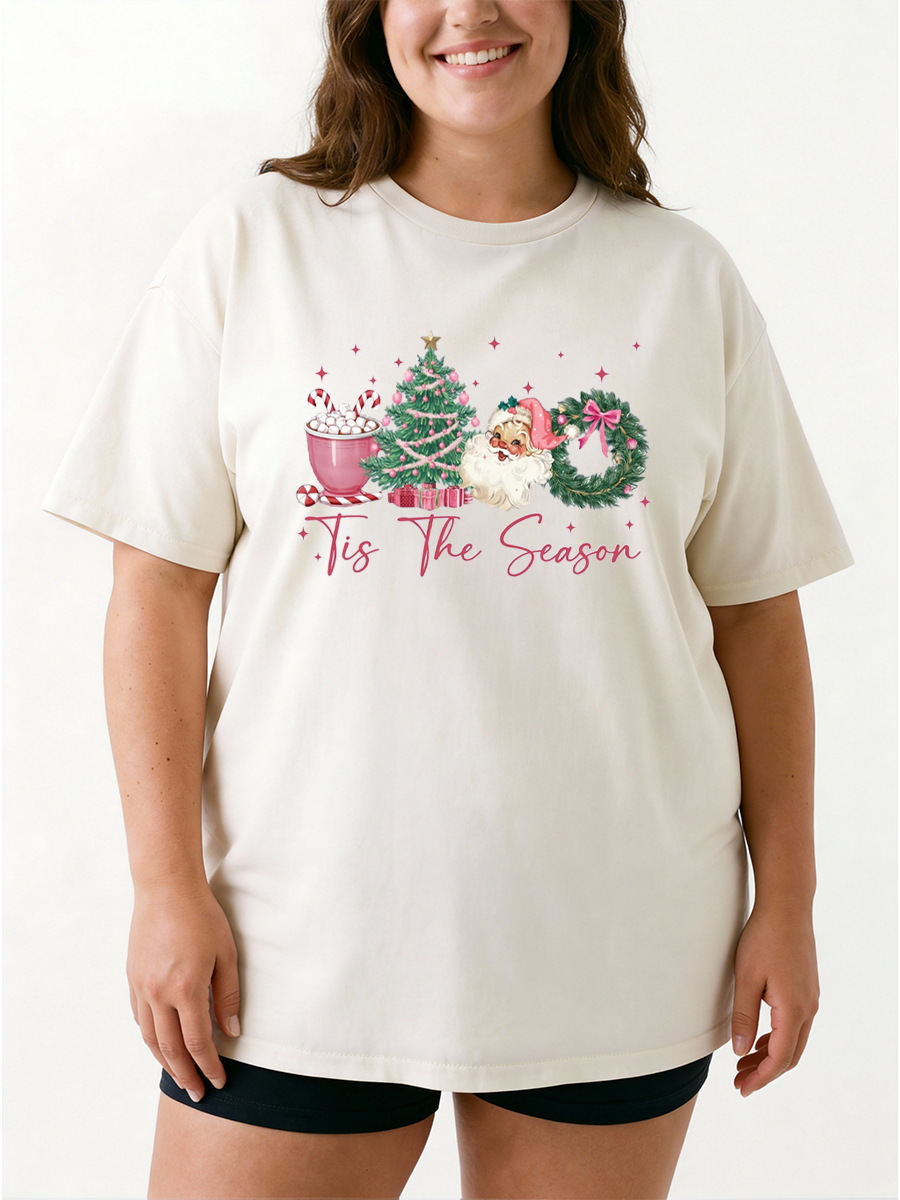 Vintage Tis The Season Girly Christmas Oversize Graphic Tee