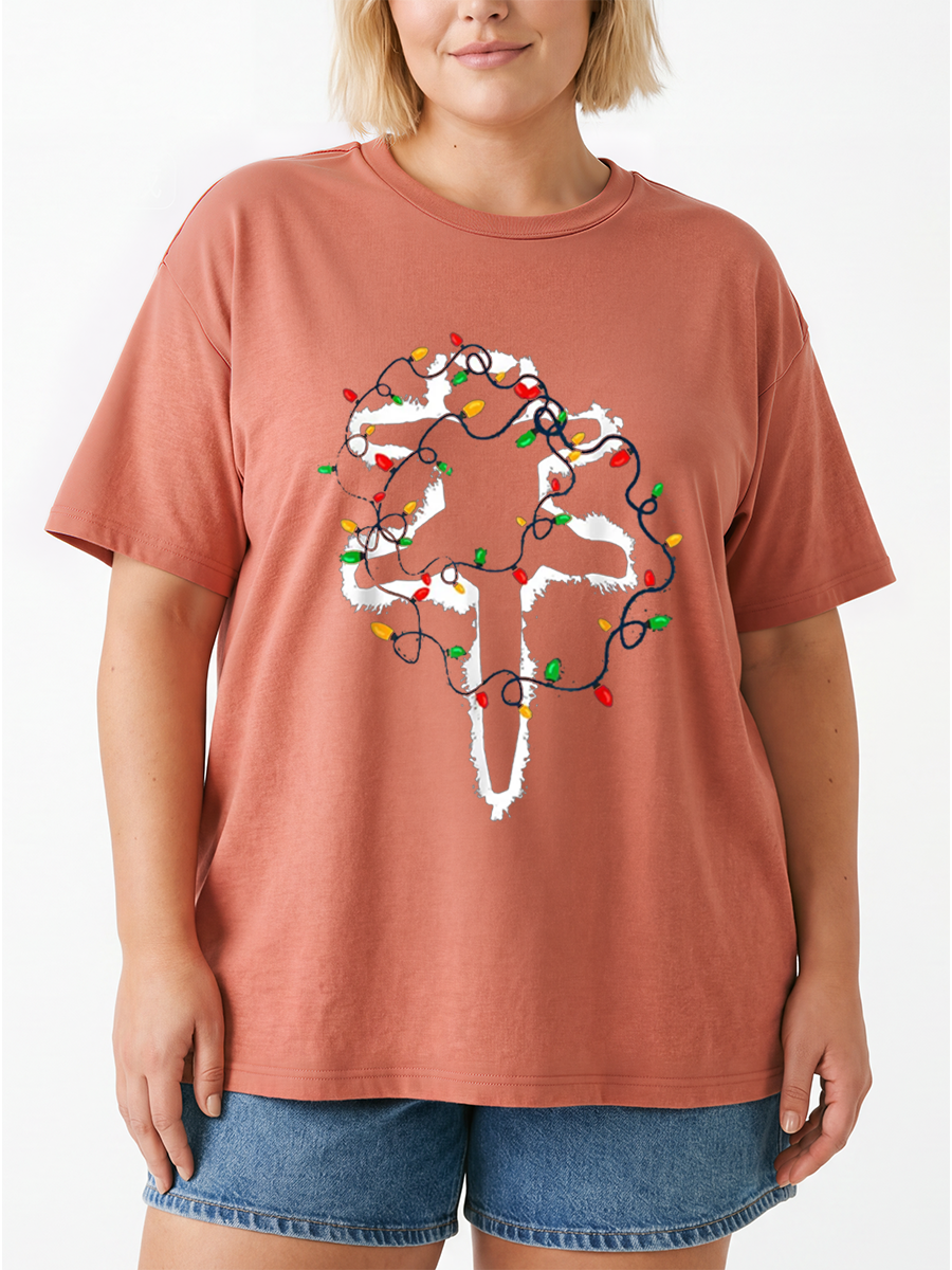 Vintage Cat Wrapped In Christmas Lights Oversize Graphic Tee