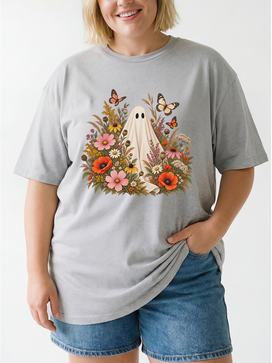 Vintage Floral Ghost Halloween Oversize Graphic Tee